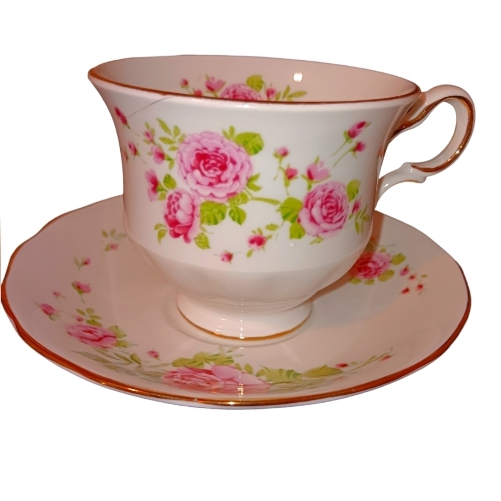 Vintage| Dainty Floral Pink Rose  white teacup saucer set